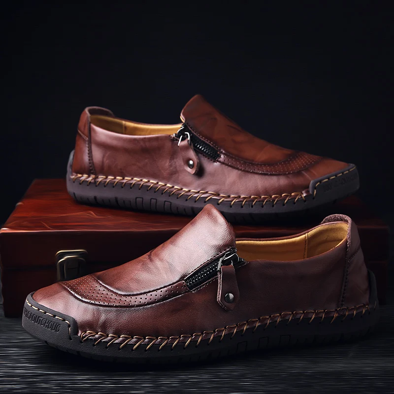 Fshion Men's Leather Casual Shoes Handmade Loafers Vintage Moccasin Slip on Rubber Flats Anti-skid Zip Opening Plus Size 38-48 | Обувь