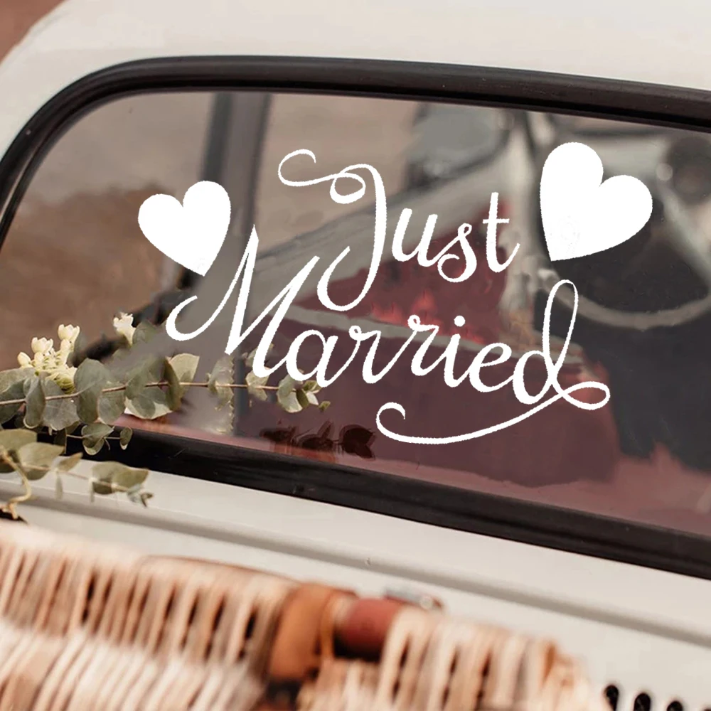 

Just Married With Hearts Sign Wedding Car Stickers Quote Wall Decals Removable Vinyl Wedding Day Fashion Decor Poster HY2139