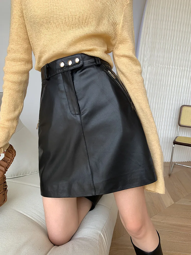 Новинка Весна 2021 черно-белая юбка А-силуэта из овечьей кожи с косыми карманами