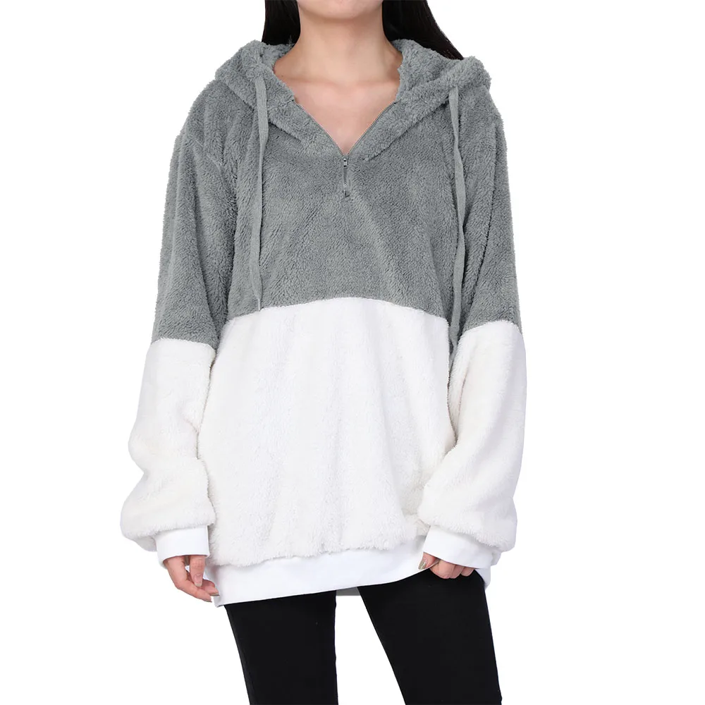 light grey 2 OEAK, женские флисовые толстовки,, длинный рукав, с капюшоном, пуловер, толстовка, Осень-зима, теплая, на молнии, с карманами, меховое пальто размера плюс, 5XL - Цвет: light grey 2