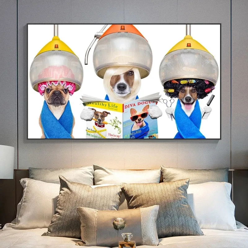 

Funny Art Dogs Hairdresser Reading Magazine Canvas Painting Poster and Print Cuadros Wall Art for Living Room Home Decor