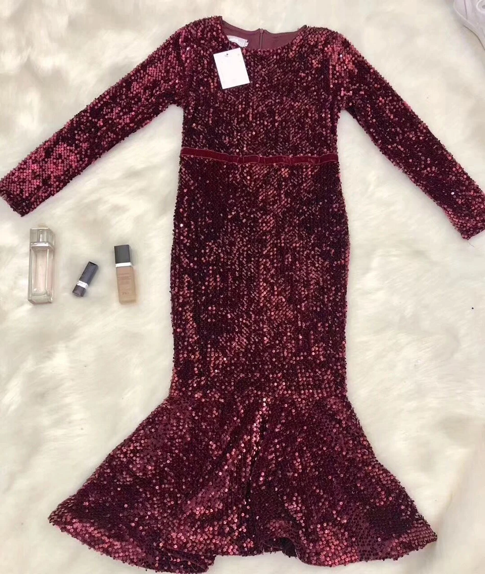 

2019 New Women black pink red sequinedround neck long sleeve Vestidos Celebrity Evening Party Bodycon Bandage Dress