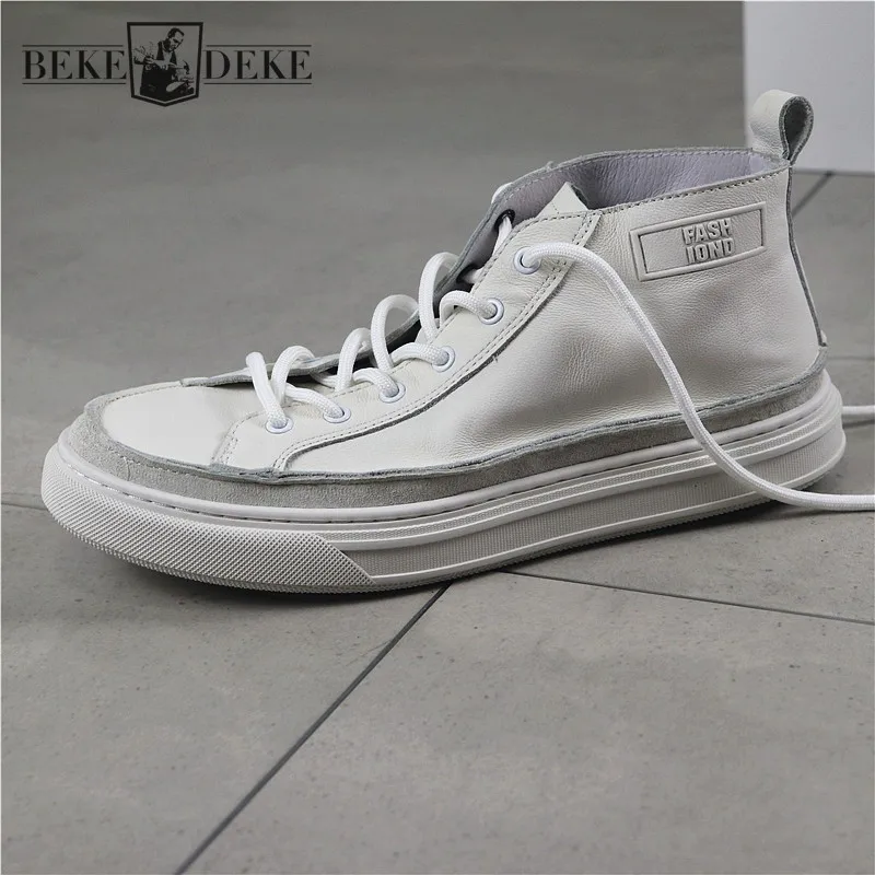 

Mens High Top Shoes Spring Summer Breathable Genuine Leather Basketball Shoes Men White Casual Sneakers Thick Platform Trainers