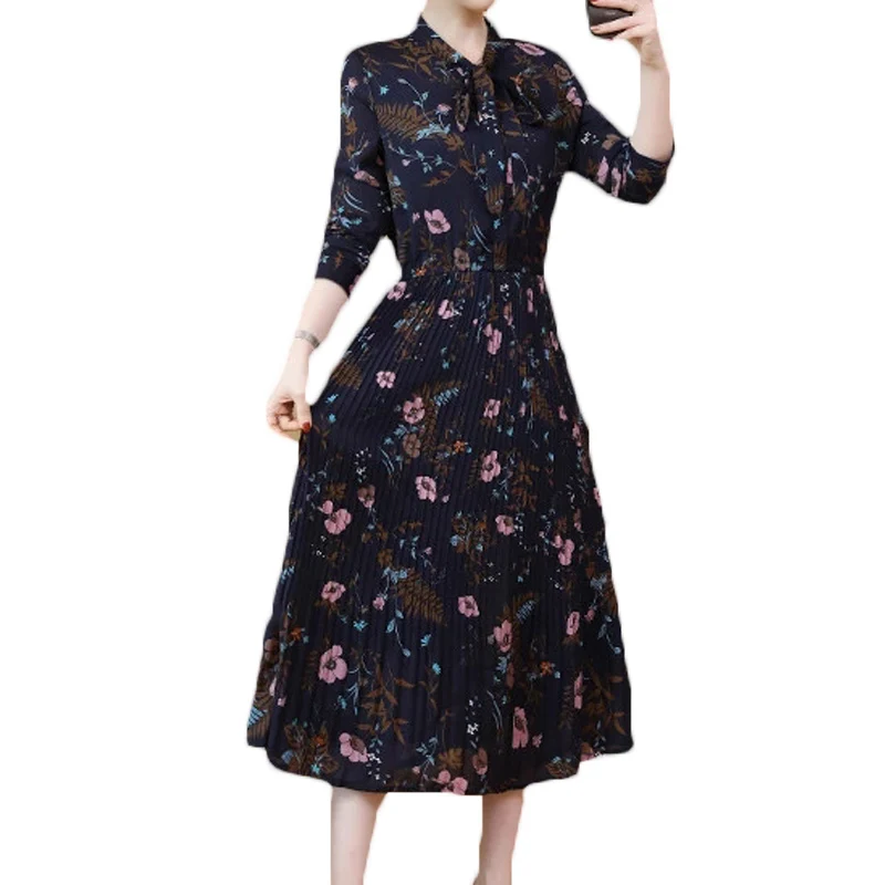 

Elegant 5XL Slim Women's Dresses 2022 New Spring Autumn Vintage Long Sleeve Bow Floral Chiffon Dress B159