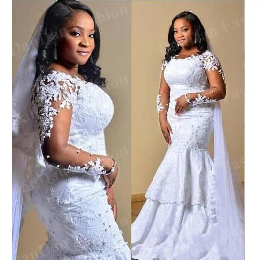 

South African Mermaid Wedding Dress Lace Appliques Sheer Long Sleeves Bridal Gowns Plus Size Sweep Train Wedding Vestidos Custom