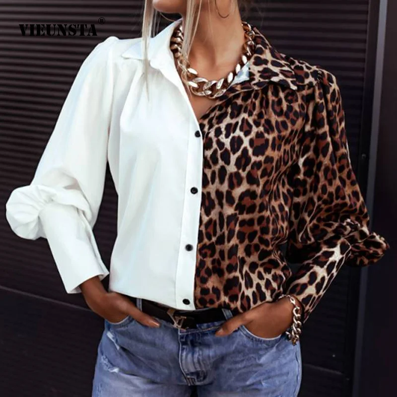 

3XL Elegant Turn-Down Collar Ladies Blouses Sexy Button Long Sleeve Basic Shirt Tops Casual Women Spring Leopard Patchwork Blusa