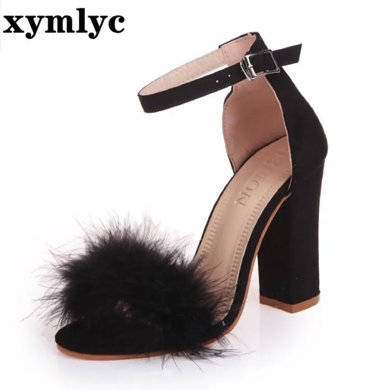 Босоножки женские на высоком блочном каблуке меховые сандалии платформе с