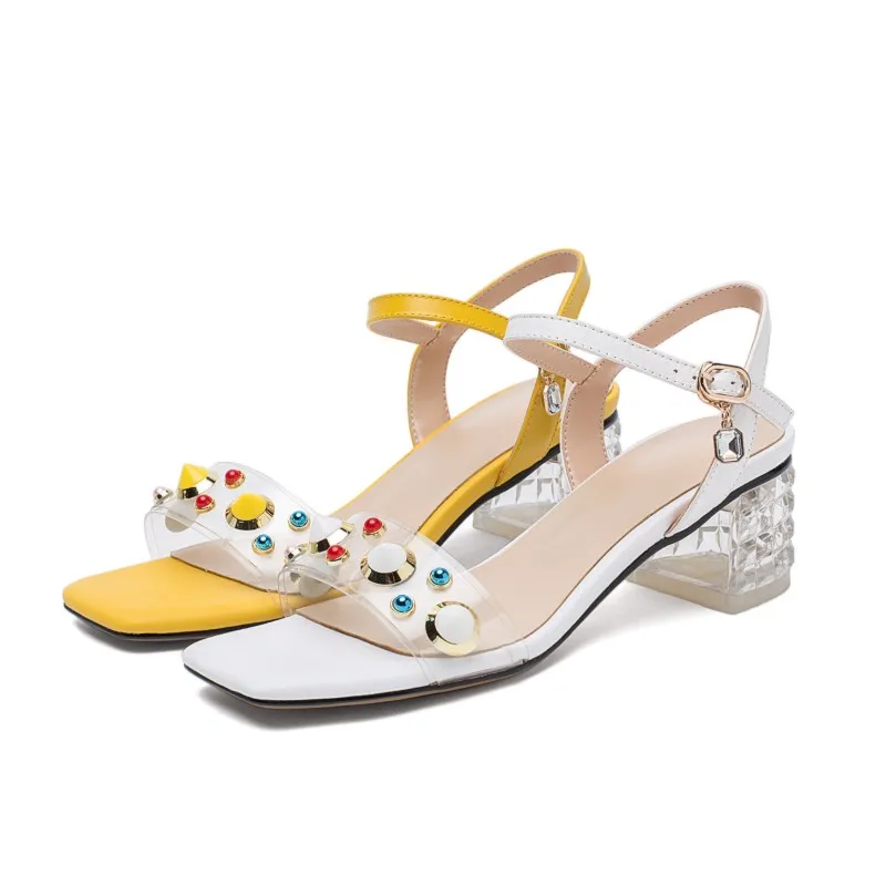 Женские босоножки на высоком каблуке летние с разноцветными вставками большие