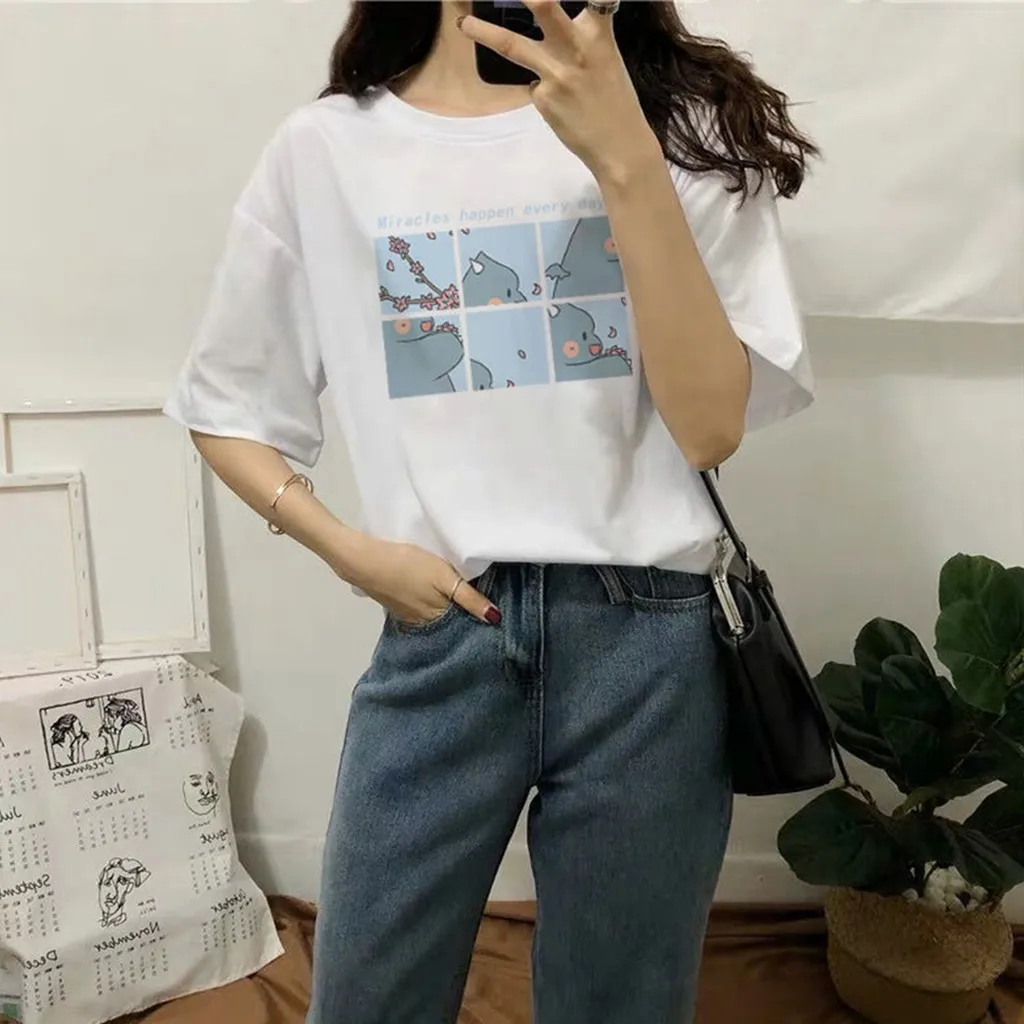 Корейская свободная Базовая футболка с мультяшной вышивкой Осенние простые