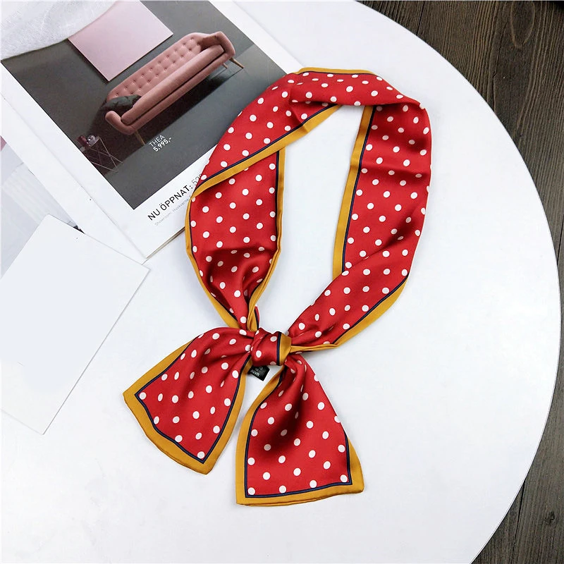 Шелковый шарф в горошек женский для волос платок повязка на голову лента