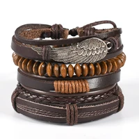 new trend cowhide bracelet hand woven beaded multi layer mens leather bracelet fashion personality angel wing bracelet jewel