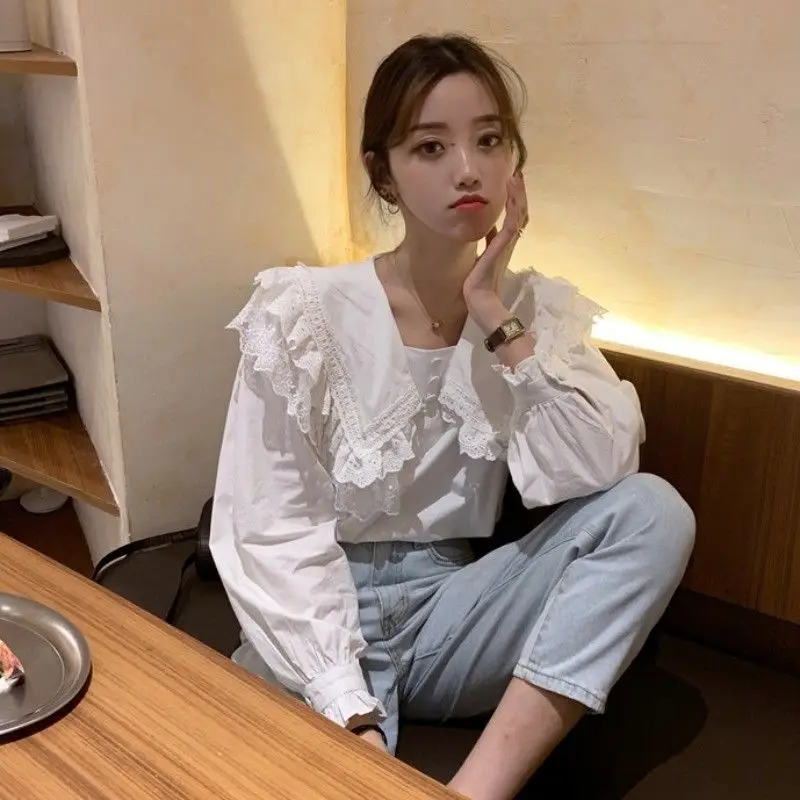 Белая рубашка женская весна 2020 кружевной топ с матросским воротником Blusas Ropa De Mujer