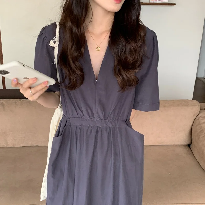 

Summer Casual Women's Short-Sleeved Midi Dress V-Neck Solid Color Lace Loose Dress Female Vestidos