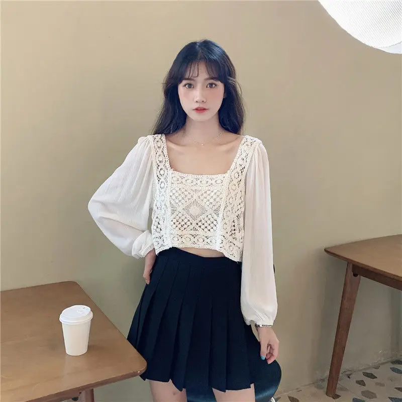 

Women Blouses Patchwork Hollow Out Design Crop Tops Long Sleeve Shirts Retro French Style Square Collar Ulzzang Elegant Mujer