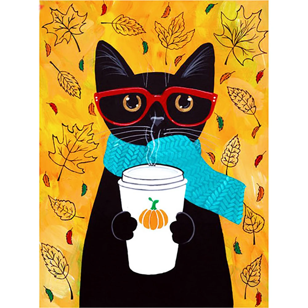 

GATYZTORY 5D Diamond Painting Full Square DIY Home Decor Mosaic Rhinestone Picture Custom LOGO Canvas Art Cat Drinking Coffee