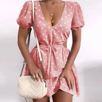 2021 summer v neck dot print dress women sexy hollow out party dress casual short sleeve lace up beach dresses mini bodycon y2k
