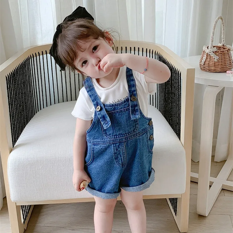 

Джинсовые шорты для девочек, тонкие повседневные штаны на подтяжках, свободные брюки с плотками, детская одежда, на лето