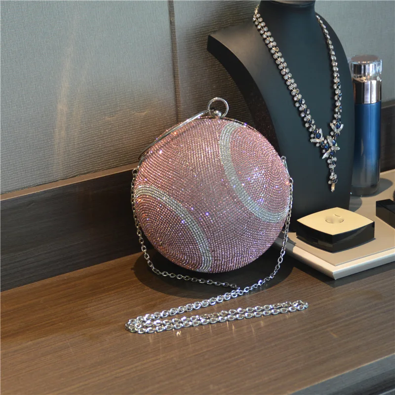 

Diamonds Rhinestone Women Party Metal Crystal Clutches Evening Wedding Bag Bridal Shoulder Handbag Round Ball Pink Clutch K049