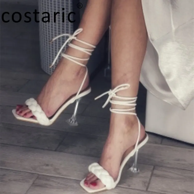 New Square Toe Weave Ankle Strap High Heels Sexy Banquet Pumps Women Shoes PU Sandals Solid Color Lace Up Stiletto Clear Heels