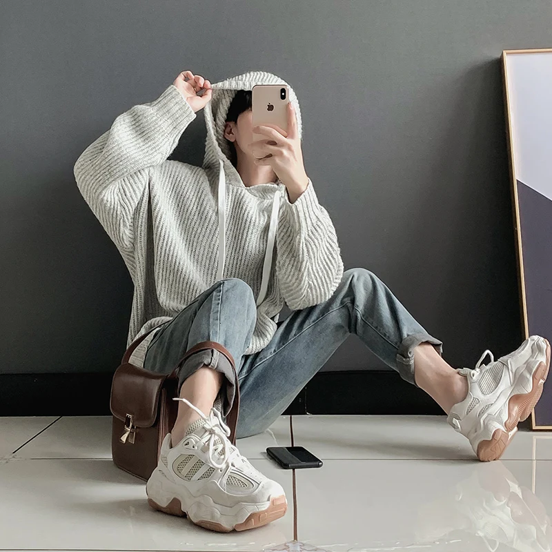 

Man Sweter Clothes Loose Long-Sleeved Sweaters Men S-Xl Winter Hooded Sweater Men's Warm Solid Color Casual Knit Pullover