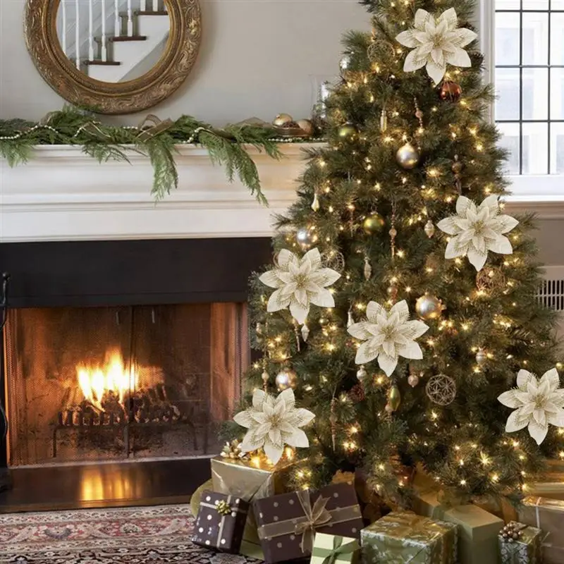 10 шт. искусственные цветы для украшения блестящие поддельные Poinsettia DIY домашнее