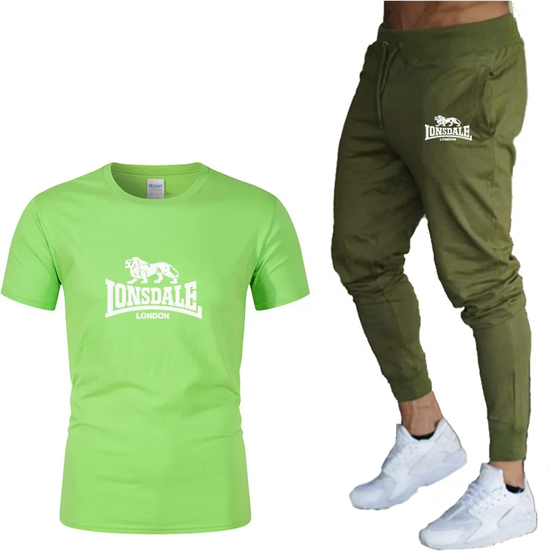 

2021 New Summer T-Shirt Suit Men's 2-Piece Casual Sports Pure Cotton Printed Hip-Hop Short-Sleeved T-Shirt + Trousers Suit