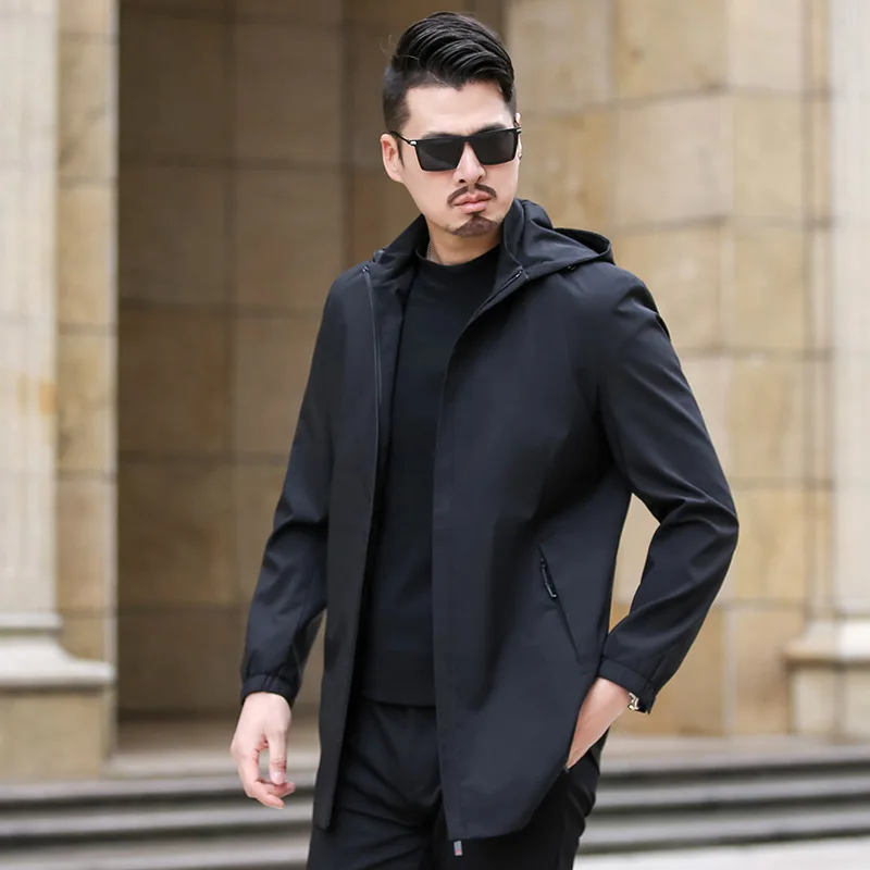 

Spring coat men's thin hooded medium and long windbreaker fattening large detachable hat jacket casual wear