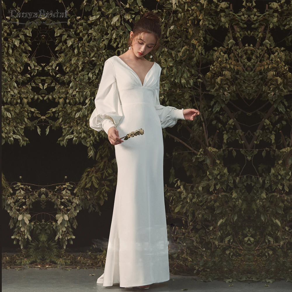 

Deep V-Neck Mermaid Wedding Dresses Lantern Long Sleeve Simple Bridal Gowns Floor length Vestido De noivas DW316