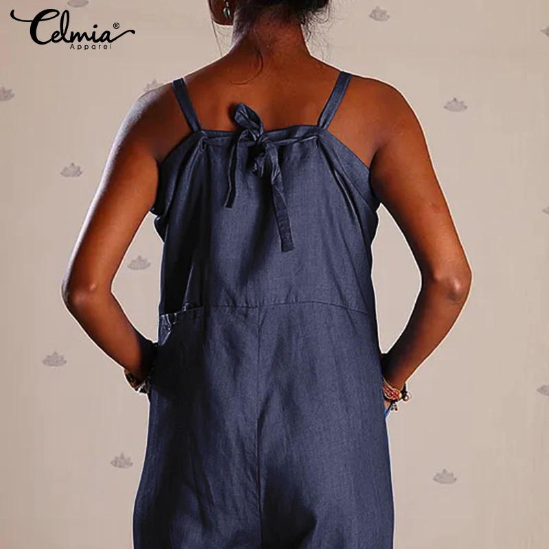

Celmia Vintage Long Jumpsuits 2021 Summer Women Spaghetti Strap Sexy Rompers Casual Loose Solid Wide Leg Pants Plus Size Overall