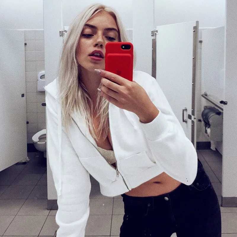 

Women Jacket Drawstring Hoodie Jacket Cotton Coats Fashion Street Zip-up Long Sleeve White Short Outerwear & Coats Zipper Casual