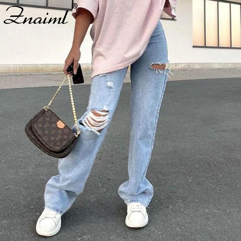 

Znaiml Women's Pants Mom Jeans Woman 2021 High Waist Baggy Loose Wide Ripped Denim Pants Fashion High Waisted Straight Trousers