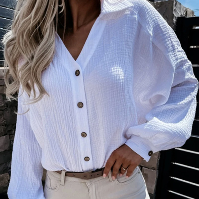 

Блузка женская с V-образным вырезом, Модная элегантная повседневная однобортная Простая рубашка, однотонный топ с рукавами-фонариками, весн...