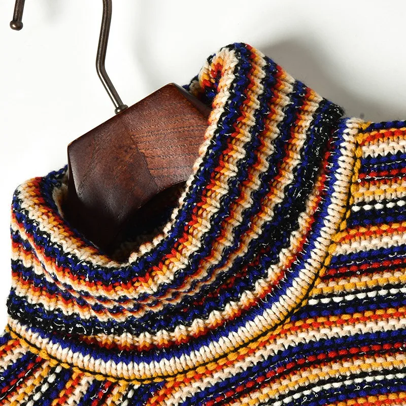 Женский свитер в полоску с высоким воротом вязаный пуловер свободного кроя зима