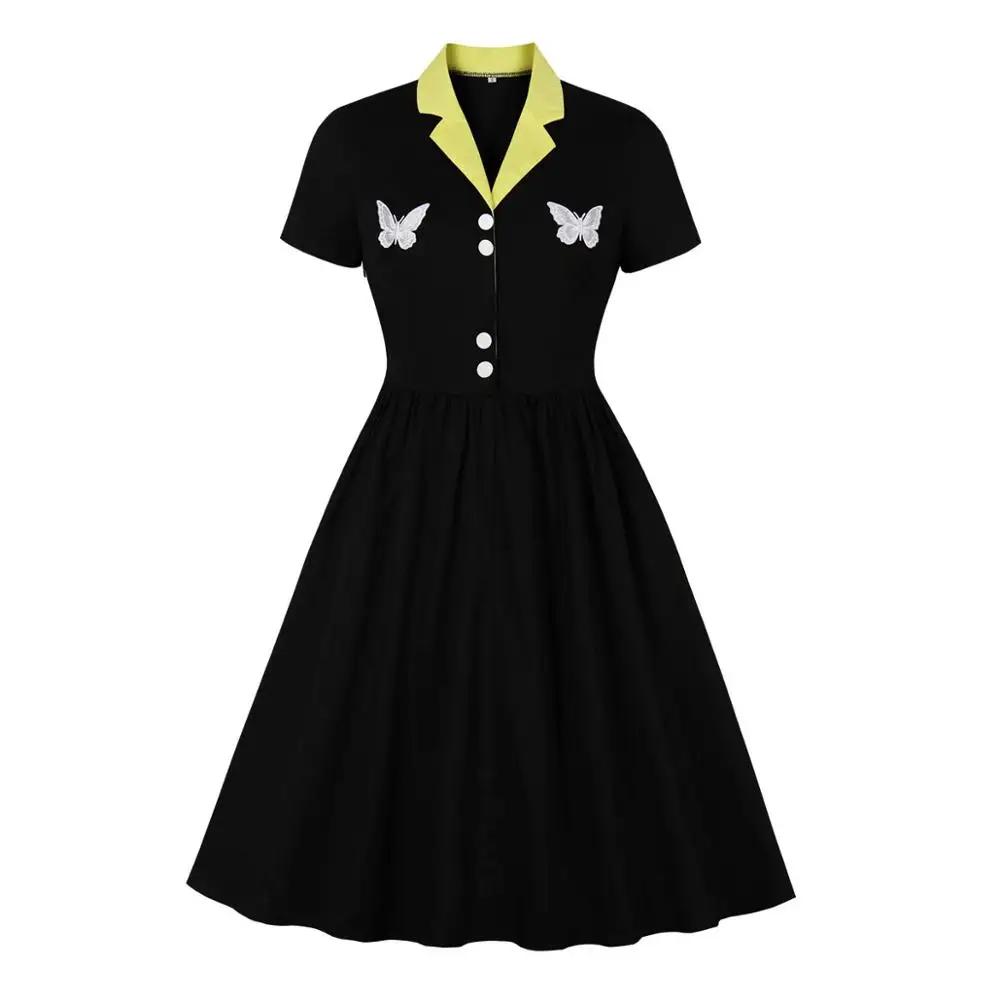 

2021 New Short Sleeve 50s 60s Swing Retro Vintage Dress VD1426 Elegant Women Ladies Butterfly Embroidery Black Dress