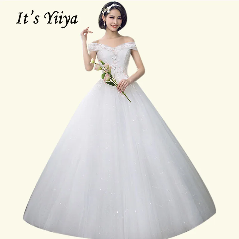 

Appliques Long Wedding Dresses It's Yiiya BR701 Boat Neck Vestidos De Novia Off The Shoulder Beading Lace Wedding Gowns