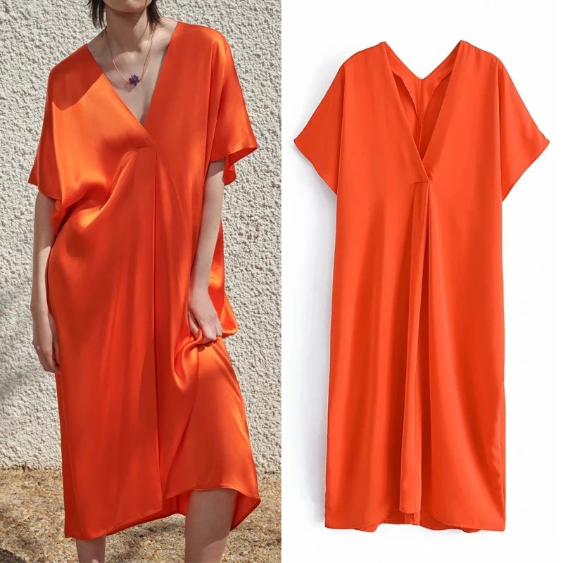 

Summer Woman Dresses Za Orange Satin Long Dress Women 2021 Short Sleeve Oversize Midi Tunic Dress Ruched Casual Dresses