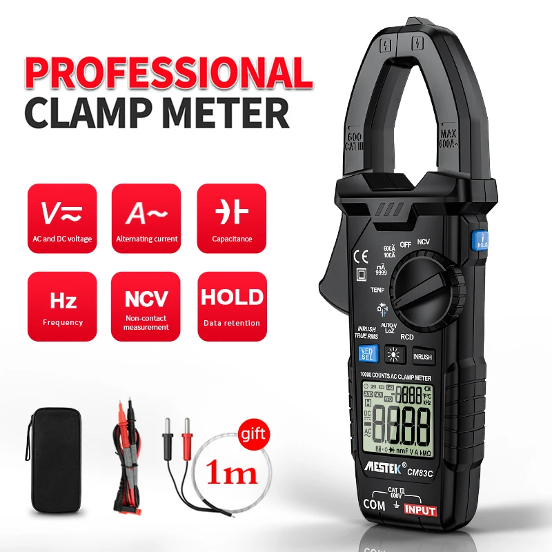 

MESTEK Digital Clamp Meter 600A AC Current AC/DC Voltage Ohm True RMS Auto Range VFD Capacitance NCV Tester Ammeter Multimeter