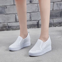 white shoes women sneaker with heels 7cm loafers womens leather sneakers platform wedge shoes for women autumn new hollow out