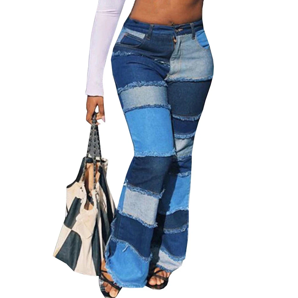 

Retro Stitching Color Block High-Waisted Flared Jeans with Pockets Street Style Sexy Flared Pants Skinny Patchwork Jeans 2021