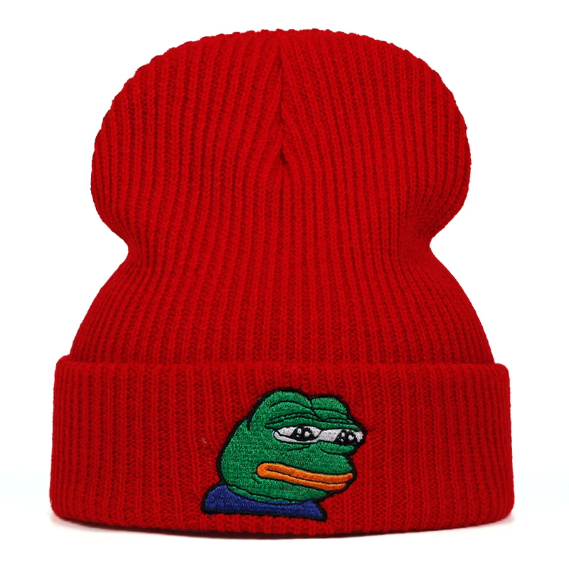 Красный TUNICA Sad Kermit Кепка лягушка чувствует себя плохим человеком вязанные шапочки с вышивкой зимняя теплая шапка Sad Meme шляпа лягушки Skullies gorros - Цвет: Красный
