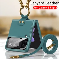 cases for samsung z flip 3 5g leather lanyard finger key ring folding strap case cover for z flip3 with lens glass protection
