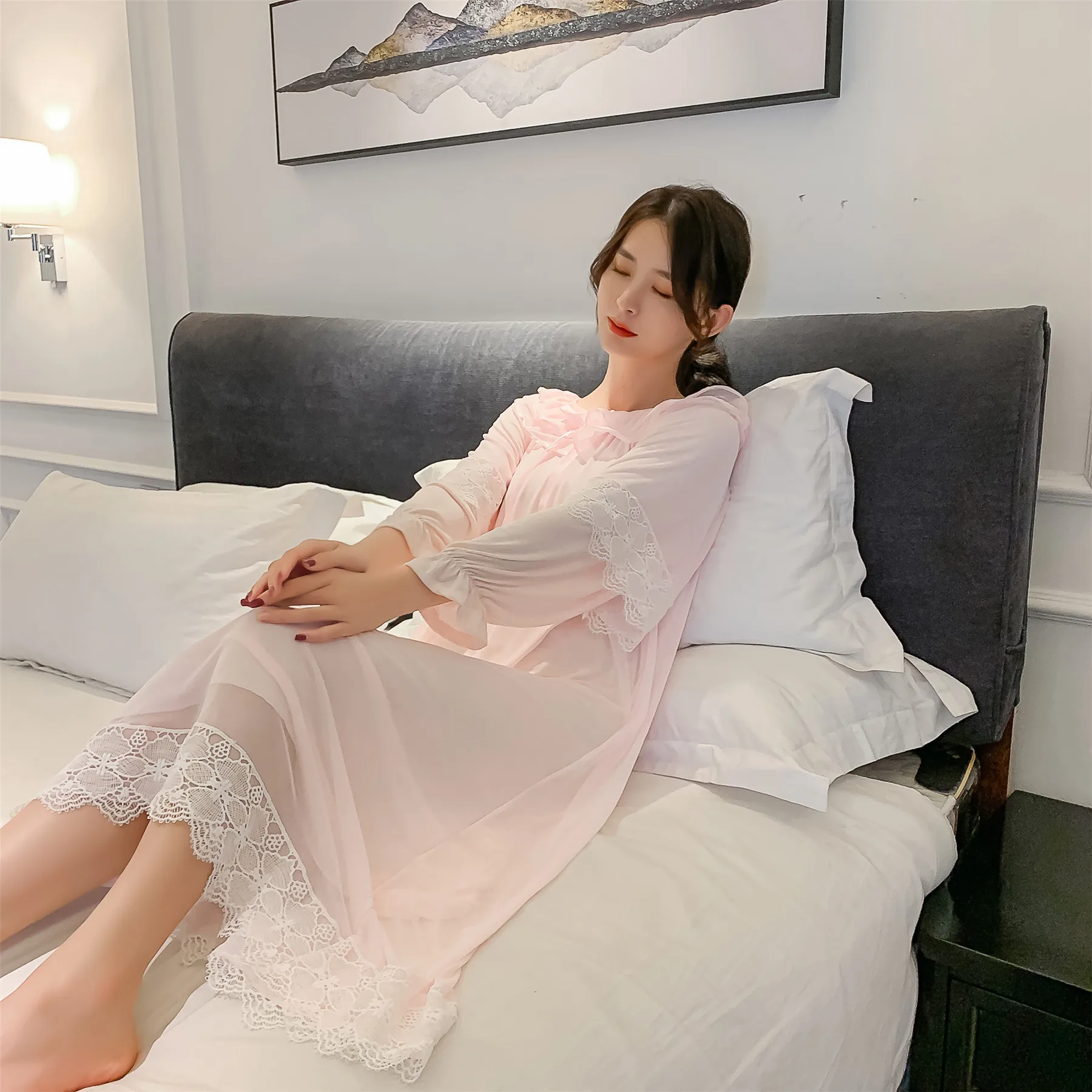 Nightdress Women's Spring Summer Long Sleeve Pure Color Princess Style Sweet Court Yarn Mesh Lace Sexy Nightgown Home Clothes