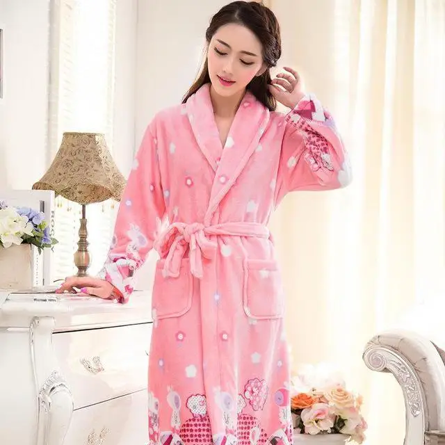 Men&women Coral Fleece Print Bow Robe Flannel Sleepwear Kimono Bathrobe Gown Winter Warm Thick Home Dressing Gown - Цвет: Women 11