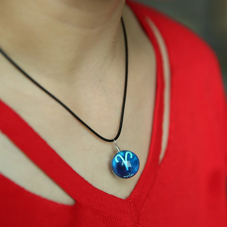 

Luminous Pendant Twelve Constellation Universe Glass Crystal Guardian Female Couple Gift Crystal Ball Black String Necklace