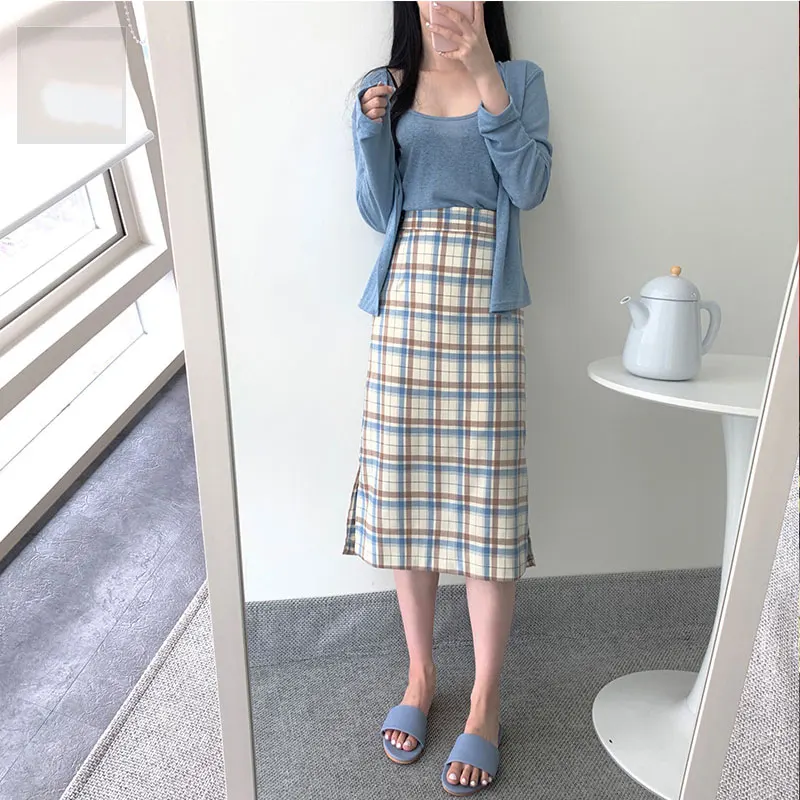 Юбка Хлопковая женская длинная в клетку с эластичной талией корейском и японском