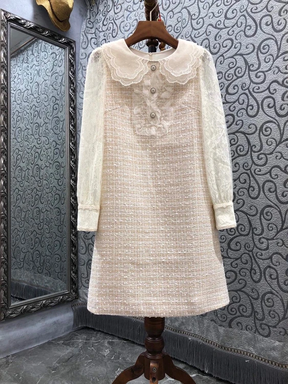 

2021 new women fashion doll collar stitching lace sleeves elegant temperament slim dress 916