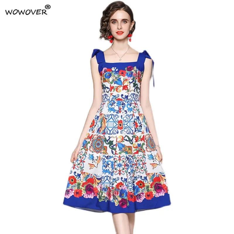 

Женское винтажное платье на бретельках, модельное дизайнерское праздничное платье с принтом, повседневное пляжное платье с открытой спино...