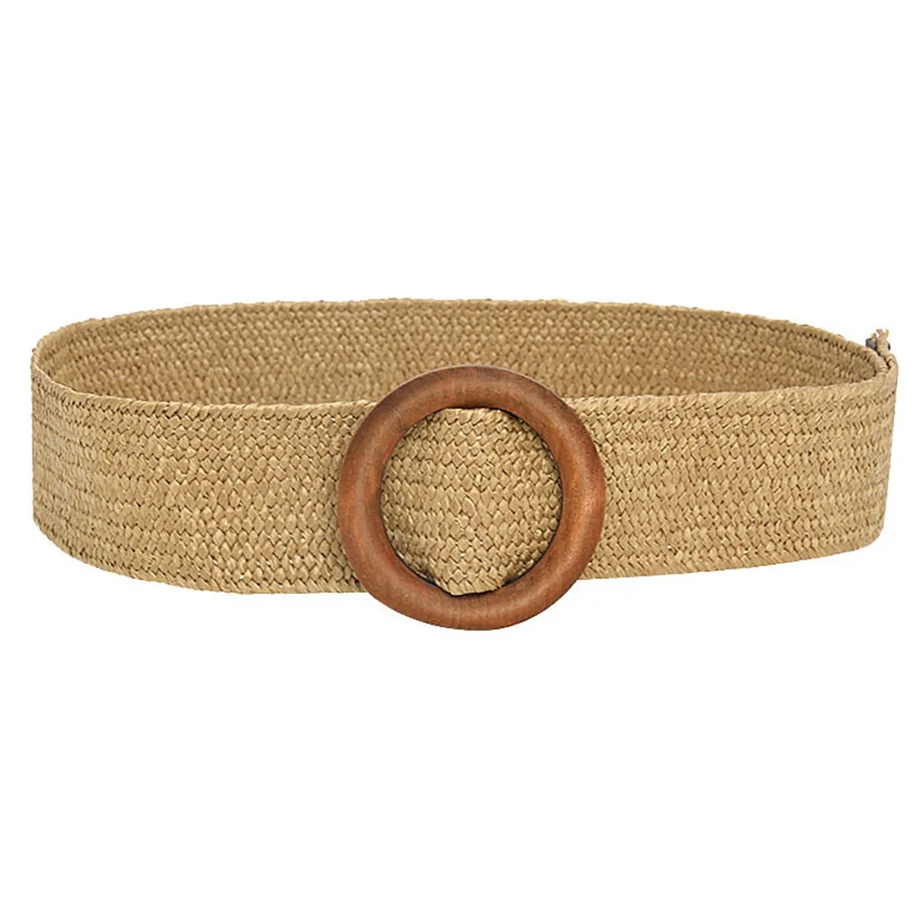 

Women Bohemian Elastic Braided Belt Fashion Female Summer Dress Jeans Wide Black Fake Straw Designer Wood Buckle Boho Belts