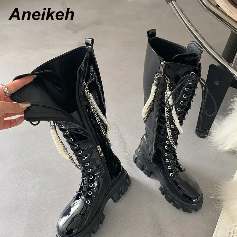 

Aneikeh Beaded Chain Fashion Knee-High Motorcycle Punk Boots Rome Winter Round Toe Square Heel Party Women Shoes Patent Leather