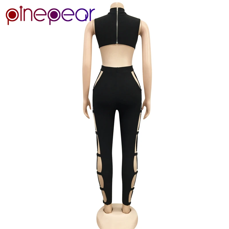 

PinePear Women Sexy Hollow Out Bandage Jumpsuit Mock Neck Zipper Backless Skinny Romper Fashion Night Club Overalls Wholesale
